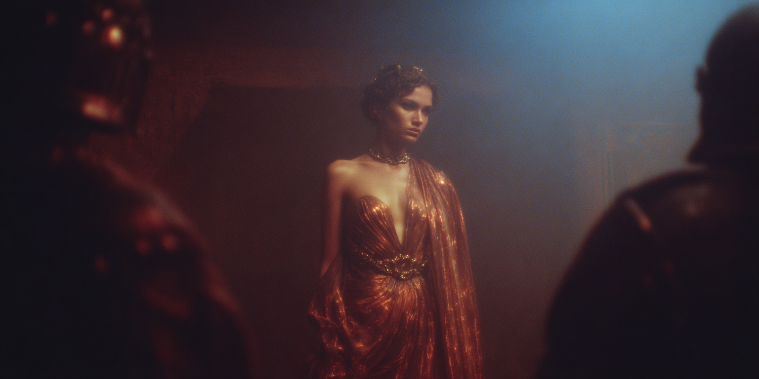 Ancient Roman bedroom scene with ornate bed and red drapes by window